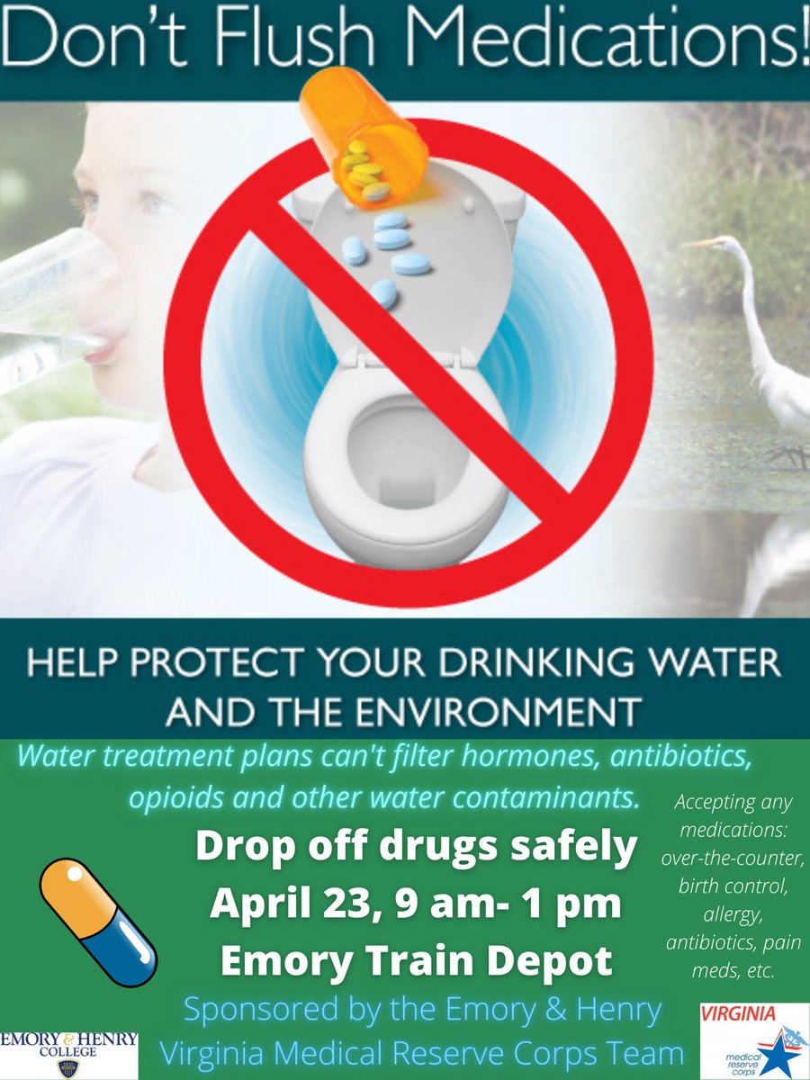 PreHealth_EHC's tweet photo. Clean out those medicine cabinets! The E&amp;H MRC team will be holding a DEA Drug Takeback event on Saturday 4/23 from 9am-1pm. 
Convenient drive thru location at the depot west lot across from Macados.
We can accept anything except sharps/needles. 
#keepourwaterclean🦆💧🐟 https://t.co/4FcyDjn2A9