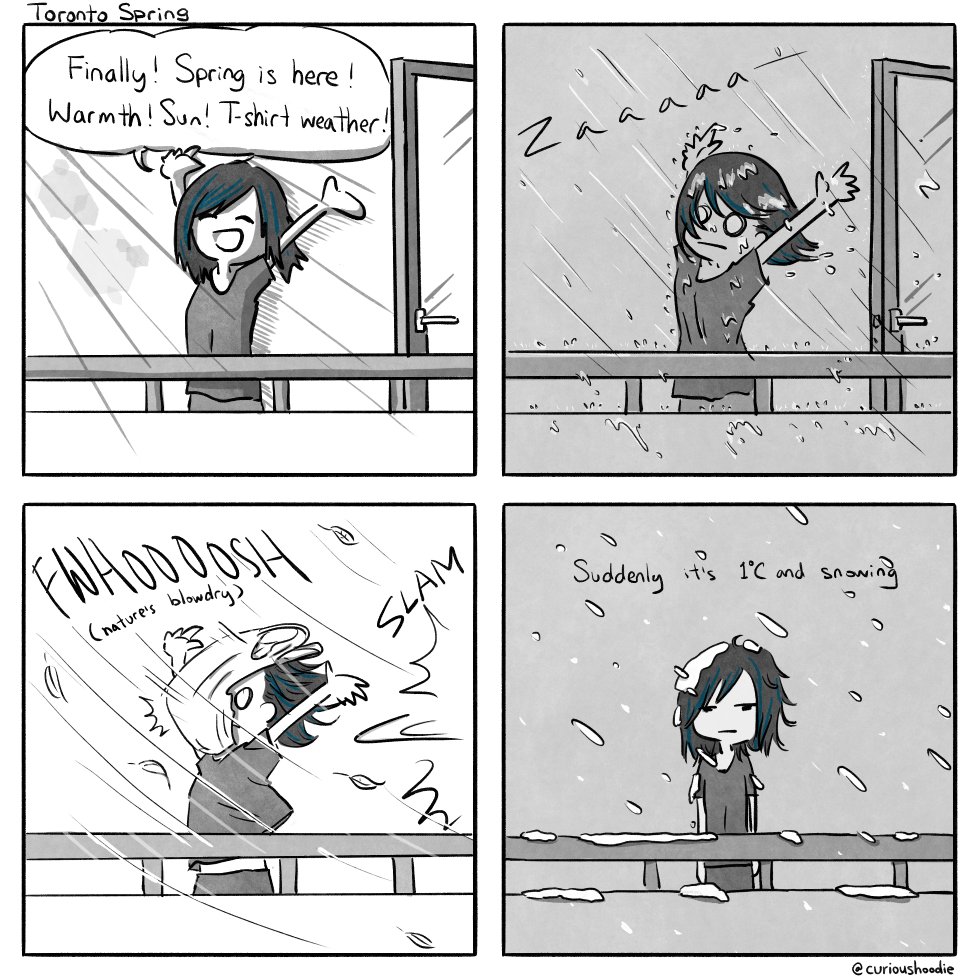 curioushoodie's tweet photo. It's been a while. The freak snow storm a couple days ago inspired me to dig up a draft from last spring that I gave up on cos I couldn't think of a punchline. This is good enough I reckon.
#comic #comicstrip #toronto #torontosnow #torontosnowstorm #spring #Torontospring #snow https://t.co/lVcfwDJMMr