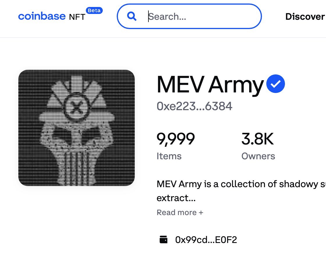 So proud and excited to be part of the <a href="/Coinbase_NFT/">Coinbase NFT</a> launch with <a href="/mevarmyofficial/">MEV Army by x0r</a> and all of my previous collections 🦾❤️