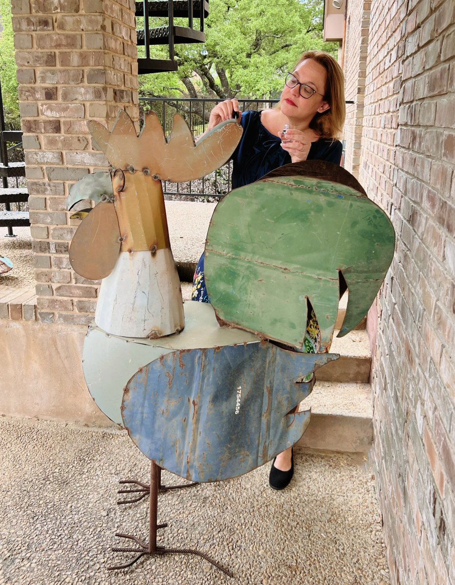 TheBloggess's tweet photo. No one ever tells you that a decade after adopting a giant metal chicken you’ll still be using fingernail polish to cover rust spots.  #knocknockmotherfucker https://t.co/RM1nMuvsuE