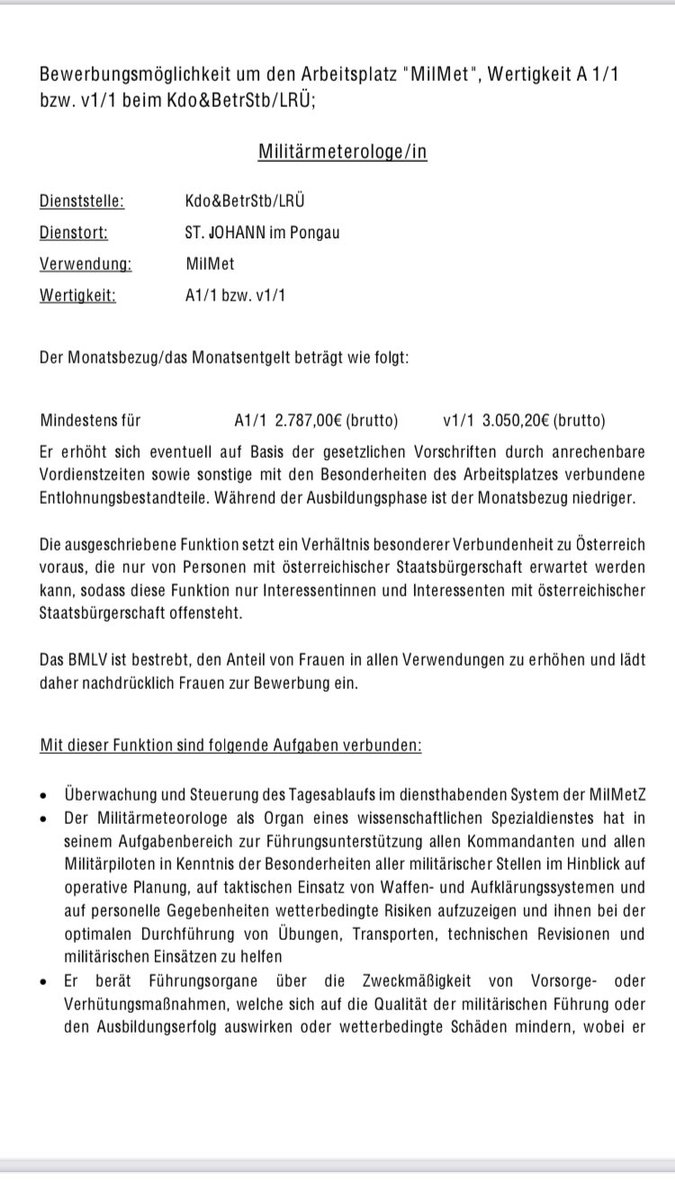 alpen_wetter's tweet photo. Eine der wenigen freien Stellen für Meteorolog*innen: beim Österreichischen Bundesheer wird Expertise im Militärwetterdienst gesucht. 

Dienstort: St Johann/Pongau 
Bewerbungsfrist: 03.05.2022

Link gibts (noch?) keinen 😉

#metjob #metjobs https://t.co/XIp2KHmjsz