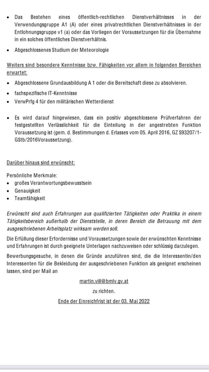 alpen_wetter's tweet photo. Eine der wenigen freien Stellen für Meteorolog*innen: beim Österreichischen Bundesheer wird Expertise im Militärwetterdienst gesucht. 

Dienstort: St Johann/Pongau 
Bewerbungsfrist: 03.05.2022

Link gibts (noch?) keinen 😉

#metjob #metjobs https://t.co/XIp2KHmjsz