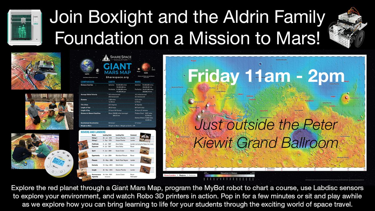 Boxlight is at #NETA22! Find us at the @KCAVsolutions bth #600 with all our #STEMed goodies & check out our @gofrontrow audio solution at Computer Hardware bth #200 - then join us for an interactive Mission to Mars experience with the @AldrinFamilyFdn Friday from 11-2! #yourNETA