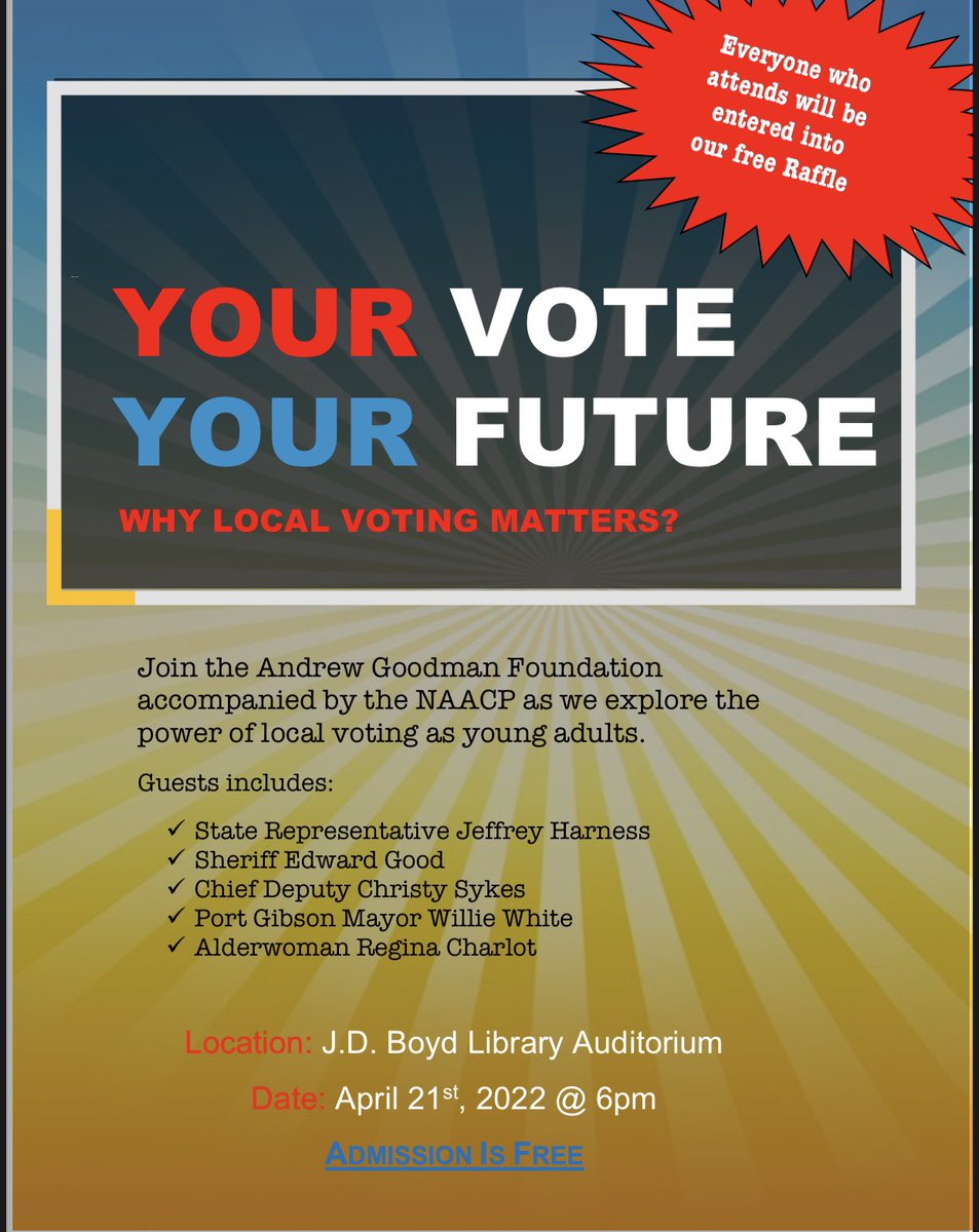Join the Alcorn NAACP at “Your Vote, Your Future” as we discuss the importance of voting in local elections!🗳 We have a panel of special guests featuring local &amp; state leaders!🏛 Library Auditorium, TOMORROW at 6 PM! Everyone who attends will be entered for a FREE gift card!💳