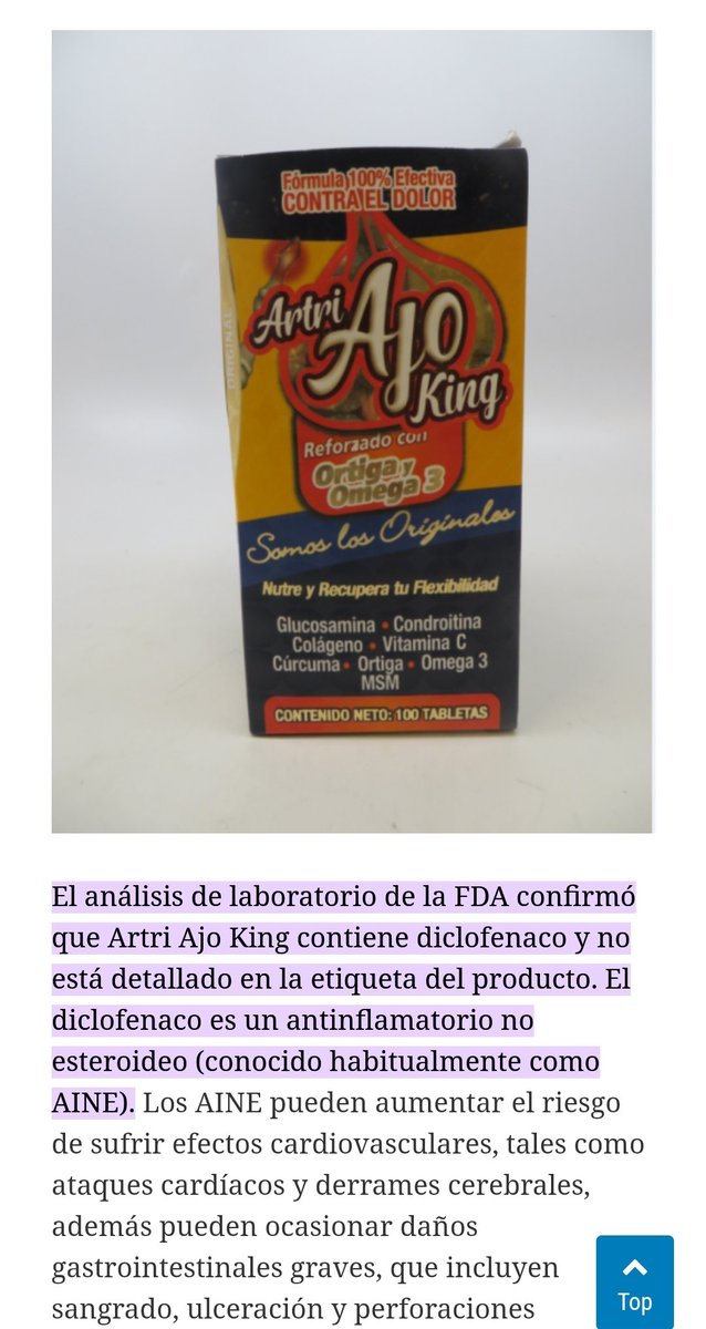 OsLio's tweet photo. @ramosmd @ivette_pataki El Artri King, en un reporte de FDA encuentran diclofenaco que no esta en al lista de ingredientes. He tenido pacientes con Úlceras gástricas por este medicamento. Mejor tomar solo lo recomendado por su médico. https://t.co/LC5fekFpTD https://t.co/cjYQxUFNrT