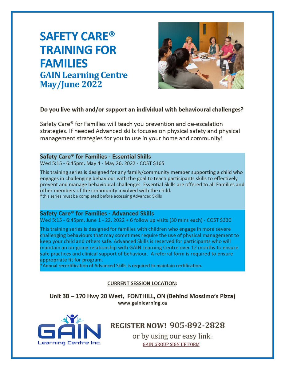 Behaviour escalations in the home and community are an everyday challenge for many! Safety Care for Families can assist you in learning strategies that work! 
Register at gainlearning.ca