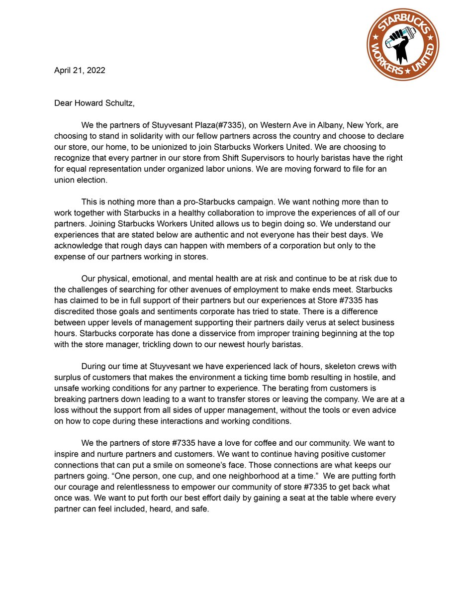 SBWorkersUnited's tweet photo. "This is nothing more than a pro-Starbucks campaign. We want nothing more than to work together with Starbucks in a healthy collaboration to improve the experiences of all of our partners. Joining Starbucks Workers United allows us to begin doing so." Welcome, Albany partners! https://t.co/7gazpA5wl1