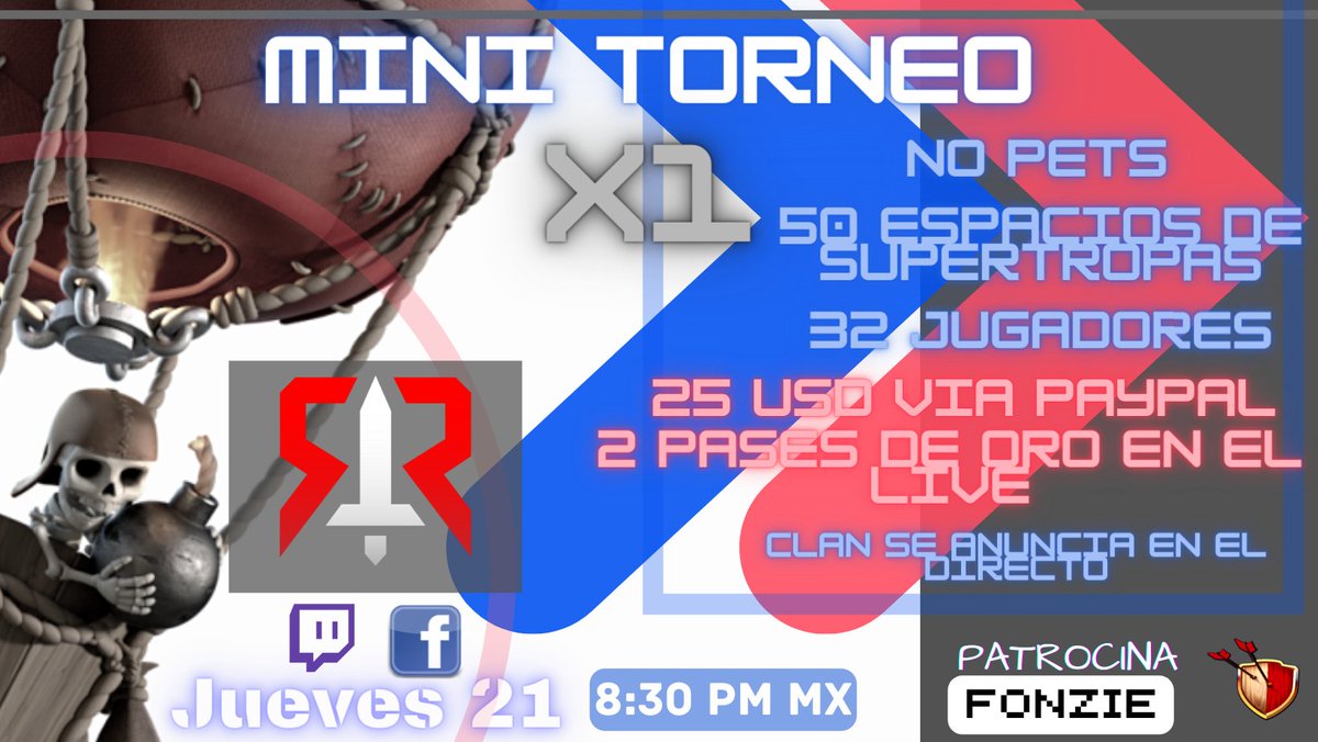📢📢📢MINI TORNEO TH14 X1
🗓️ JUEVES 21
⏰ 8:30 PM 🇲🇽
🚫 NO PETS
👀50 espacios de supertropas
🔥32 JUGADORES
💰 25 USD VÍA PAYPAL
🤩2 PASES DE ORO EN EL LIVE
➡️CLAN SE ANUNCIA EN EL DIRECTO

LIVE @RomeoiA7

Twitch: RomeoiA
FB: RomeoiA7