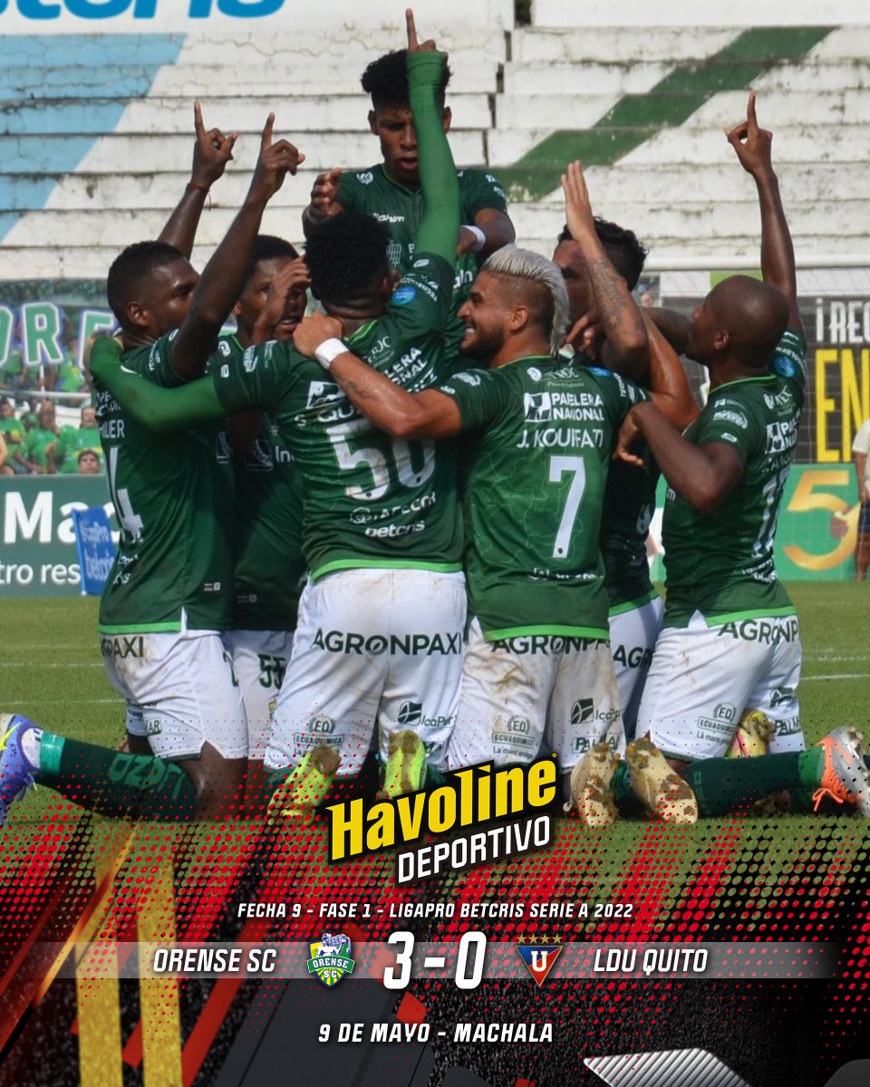 havolinedeport's tweet photo. 🟢¡GOLEADA MACHALEÑA!🟢

#Orense goleó 3-0 a #LDU en el estadio 9 de Mayo, por la Fecha 9⃣ de la LigaPro Betcris Serie A🇪🇨🏆

⚽️Marcaron Joao Rojas, Steveen Quiñónez y Marcos Acosta.

#LigaProBetcris #SerieA #Fase1 #Fecha9 #OREvsLDU https://t.co/Q4XuGrRsKp