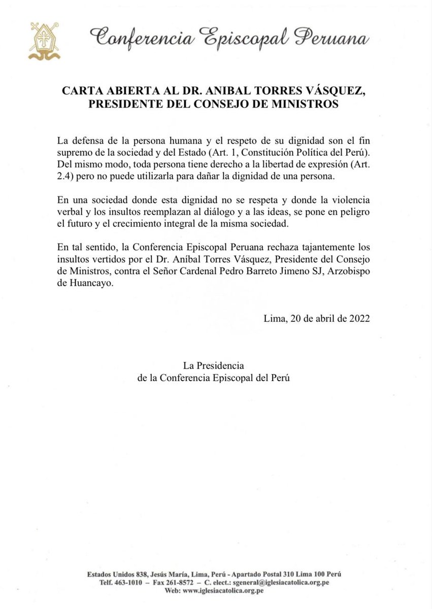 Conferencia Episcopal Peruana (@conf_episcopal) on Twitter photo #URGENTE La Presidencia de la Conferencia Episcopal Peruana rechaza tajantemente los insultos vertidos por el Dr. Aníbal Torres (<a href="/anibaltorresv/">Aníbal Torres V.</a>), Presidente del Consejo de Ministros (<a href="/pcmperu/">Consejo de Ministros</a>), en contra de Su Eminencia Cardenal Pedro Barreto SJ, Arzobispo de Huancayo. #URGENTE La Presidencia de la Conferencia Episcopal Peruana rechaza tajantemente los insultos vertidos por el Dr. Aníbal Torres (<a href="/anibaltorresv/">Aníbal Torres V.</a>), Presidente del Consejo de Ministros (<a href="/pcmperu/">Consejo de Ministros</a>), en contra de Su Eminencia Cardenal Pedro Barreto SJ, Arzobispo de Huancayo.