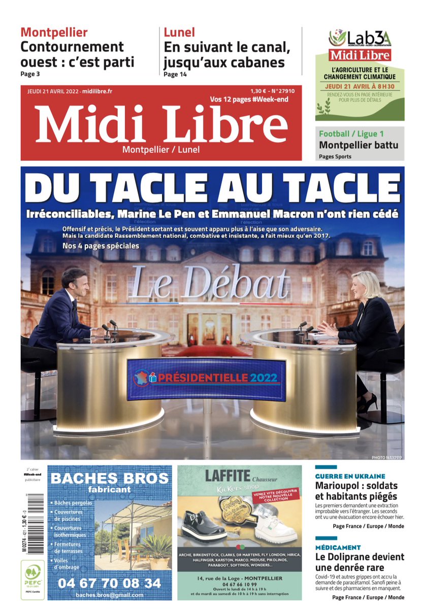 La une de <a href="/Midilibre/">Midi Libre</a> après le #DebatEntre2Tours entre #Macron et #LePen #Presidentielle2022 #LeDebat2022