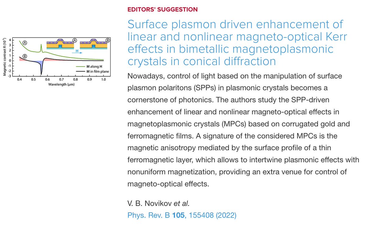 PhysRevB's tweet image. PRB Editors&apos; Suggestion: #Surface_plasmon driven enhancement of linear and nonlinear #magneto_optical_Kerr effects in bimetallic #magnetoplasmonic crystals in conical diffraction

V. B. Novikov et al.,
Phys. Rev. B 105, 155408
#EdSugg @APSPhysics

Article: go.aps.org/37Sm10l