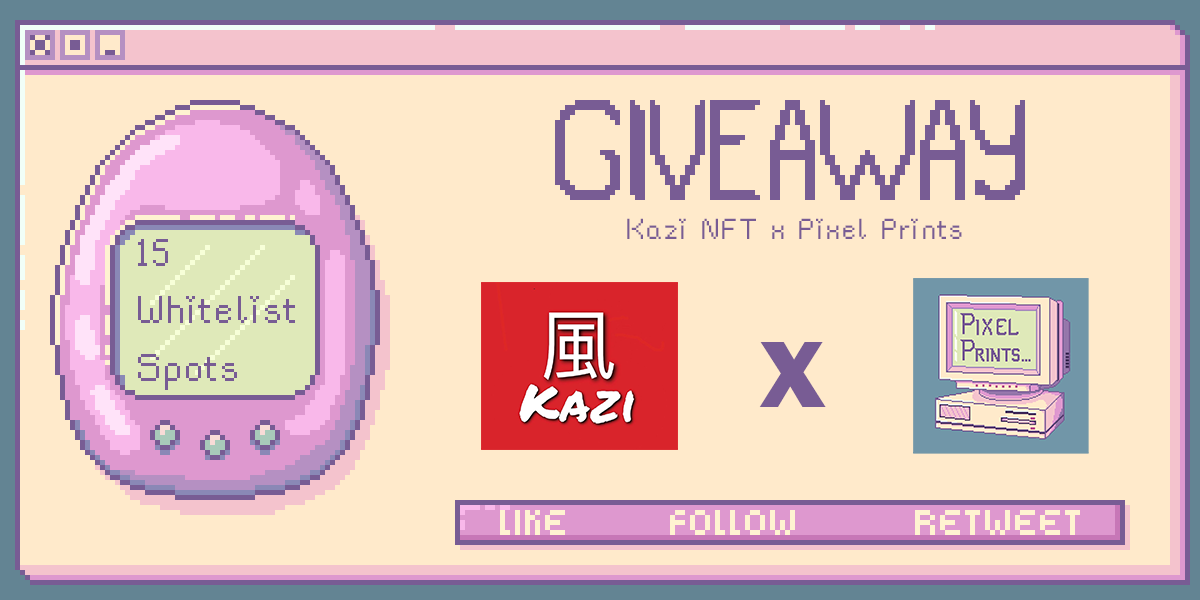 PixelPrintsNFT's tweet photo. 🚨 WL GIVEAWAY 🚨

We are giving away 5 WL spots for @KaziNft!!

How to enter:
1. Follow @PixelPrintsNFT and @KaziNft
2. Like, retweet
3. Tag 1 friend! 

10 more spots in our Discord. Let us know if you still need an invite!

24 hours ⏰ https://t.co/qAPX3IkeC4