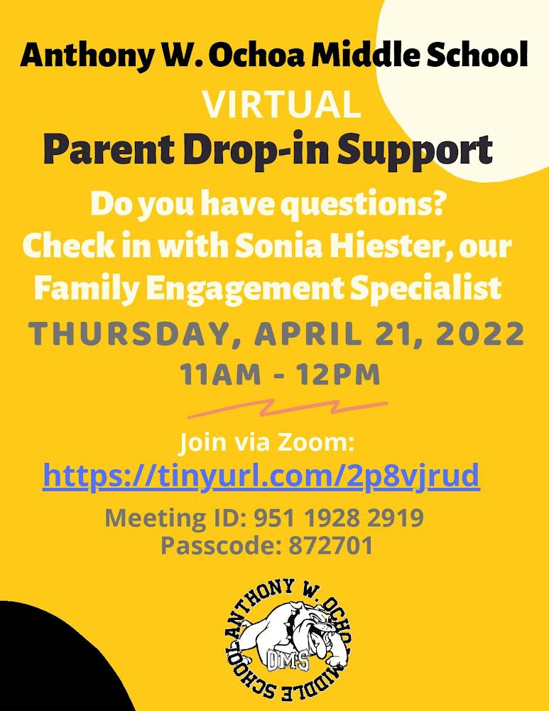 ochoamiddle's tweet photo. Ochoa will hold virtual drop-in support for parents tomorrow THUR 4/21, 11am-12pm 
Zoom Link:
https://t.co/hPgtWwkwKz https://t.co/F0Svn1dzaC