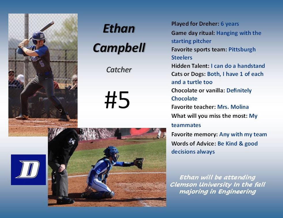 DreherBaseball's tweet photo. โญ๏ธ๐SENIOR SPOTLIGHT ๐โญ๏ธ
#5 Ethan Campbell @EthanCa67308815
#alwaysadevil @dreherathletics @dreherbooster https://t.co/lEvfs9J4Pt