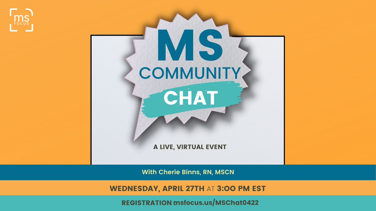 MS_Focus's tweet photo. MS Focus welcomes one and all affected by MS to feel seen & heard. On Wednesday, April 27th at 3:00 pm EST, join us for MS Community Chat, a virtual group convo.
Pre-Register: https://t.co/cJASjWiAOF.
#msfocus #mscommunity #virtualchat #multiplesclerosis #mswarriors #thisisms https://t.co/Mgv1KWlYKf