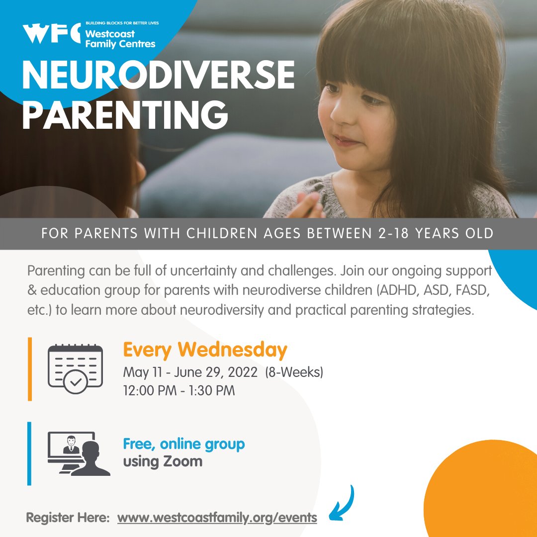 WestcoastFamCtr's tweet photo. 🍎 Neurodiverse Parenting is back and running on May11th!

💻 Join this free online group to gain support and various strategies for parenting neurodiverse children.

📅 Date: May 11 - June 29, 2022
⏰  Time: 12:00 PM - 1:30 PM

🔍 Register now at: https://t.co/8ehFf6On23 https://t.co/drPszSAY96