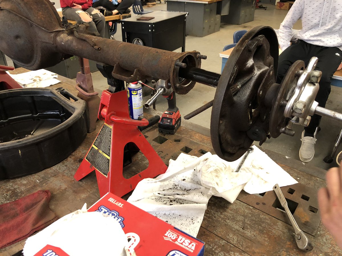 Auto 1 students began the disassembly of our 8 inch rear differential out of the 1969 <a href="/Ford/">Ford Motor Company</a> Ranchero today.  Axles are out, center section is next! #rowvastrong