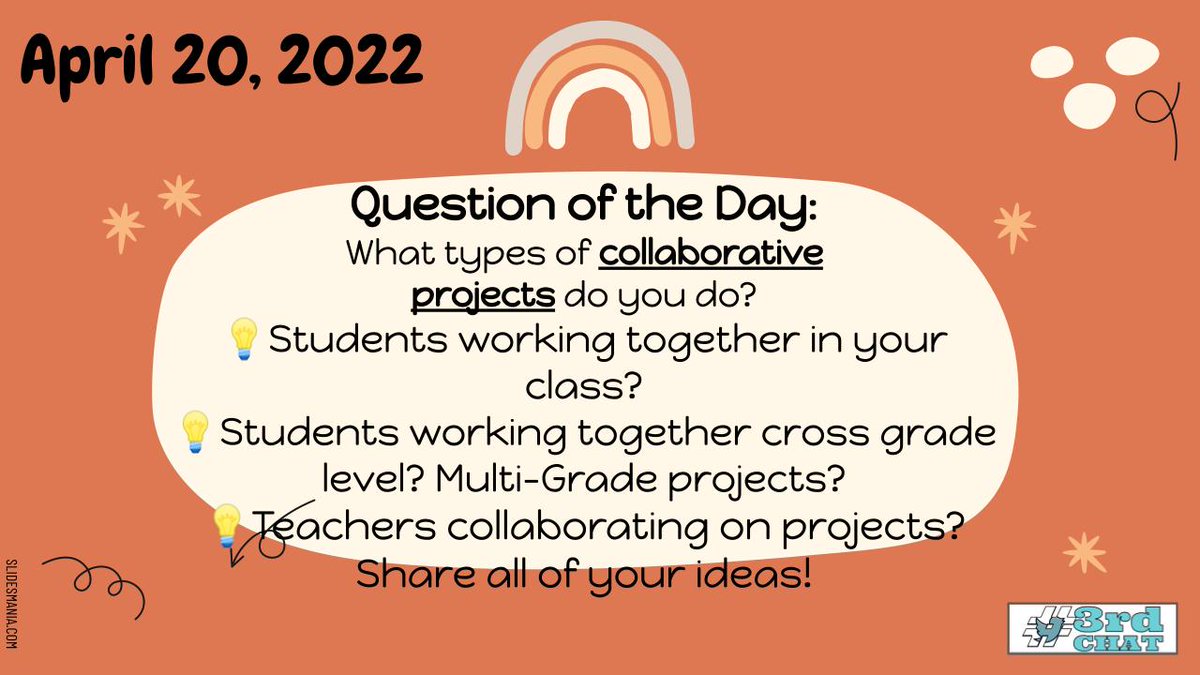 ❓#3rdchat Question of the Day❓

What types of collaborative projects do you do? 

💡Students working together in your class?

💡Students working together across one grade level? What about multi-grade projects?

💡Teachers collaborating on projects? 

Share all of your ideas!