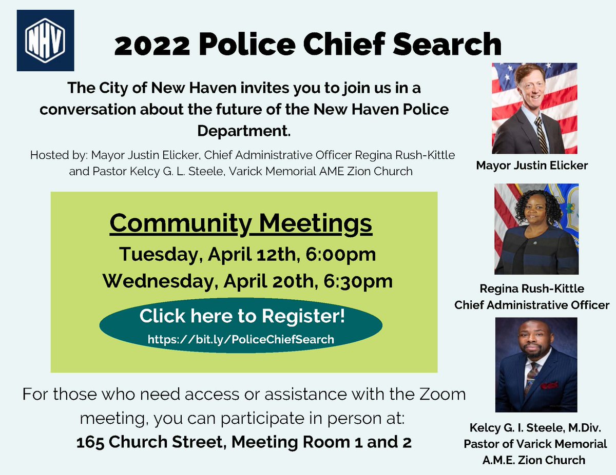 MayorElicker's tweet photo. 📅 *HAPPENING NOW*: Join us at 6:30 PM for our virtual community conversation & to provide your input about the search for New Haven's next police chief & the future of the New Haven Police Department!
Go to: https://t.co/7rgIo8RHfF
#NewHaven #NHV #ElmCity #PoliceChiefSearch https://t.co/cKgzYUlPqN