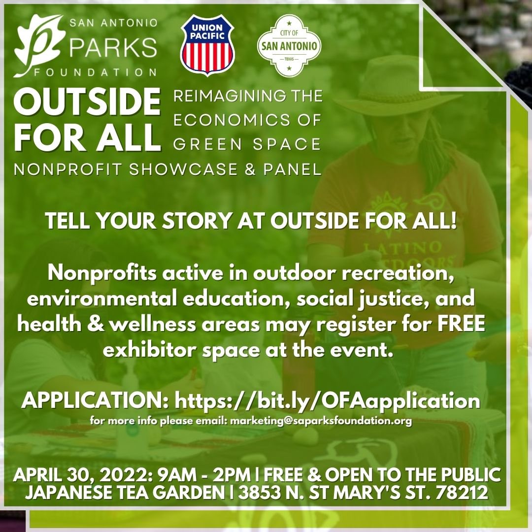 SAParksandRec's tweet photo. Are you part of a nonprofit that is active in area of outdoor recreation, environmental education, social justice, and/or health &amp; wellness? Join us at #OutsideForAll to provide community resources and engaging activities that help tell your and story.
https://t.co/45tHON56TP https://t.co/xHXBnksQVb