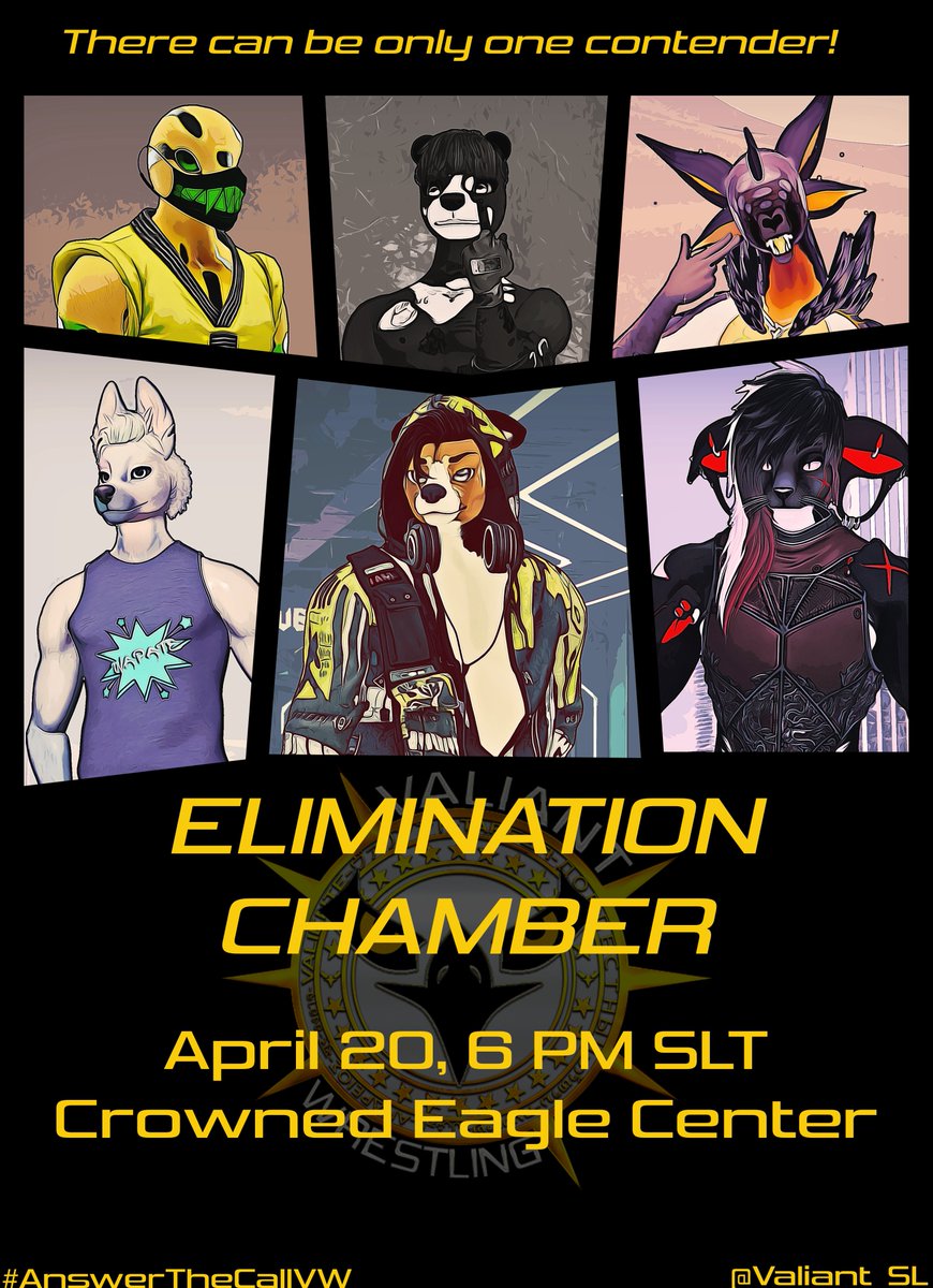 Valiant_SL's tweet photo. Then, as announced last week, the FIRST  Elimination Chamber match to determine the Number One Contender for @LilBunnyVoodoo's Valiant Men's World Heavyweight Championship will take place!!

#Jam. @TheRealWoodsman. @montero_sandman. @ScooterTimeJA. @GamerxCorgi. @CharlieCovfefe. https://t.co/FYomWu9bZk