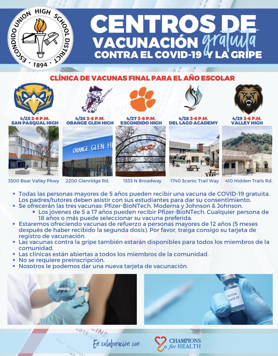 Cougars,

Our final COVID-19 Vaccine &amp; Flu Shot Clinic for this school year will be on Wed., April 27 from 3:00-6:00p.m.

This event is FREE and open to the community!