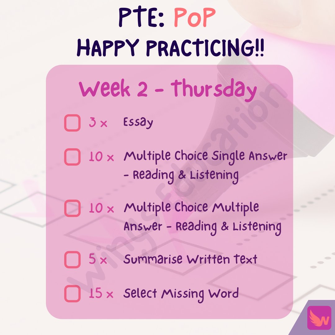 wingseduau's tweet photo. The PoP (Plan of Practice) for Thursday of Week 2 is attached to this post. Make sure to follow along during your studies and check off when you have completed them! ✅ #planofpractice #ptestudy #pte #nursing #wingseducation https://t.co/EmCSz9XfV5