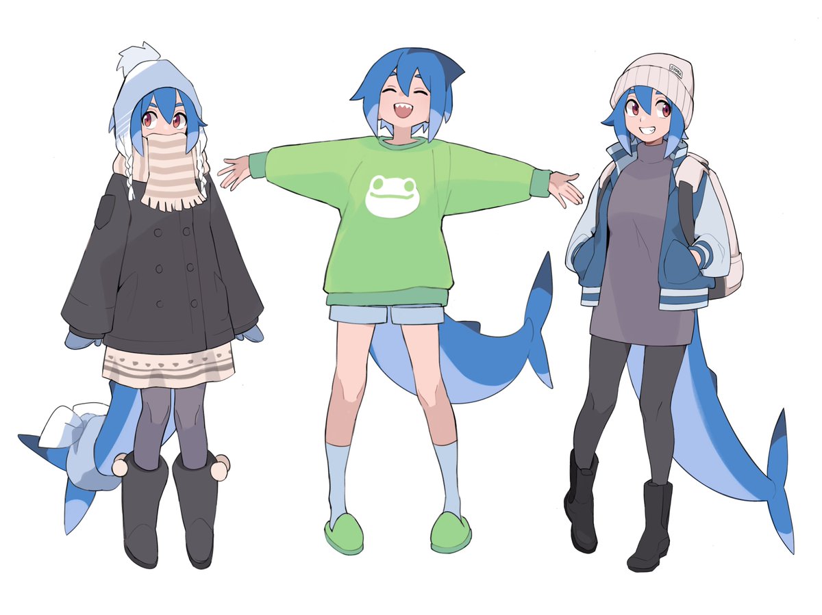 1girl shark tail fish tail tail blue hair boots multiple views  illustration images