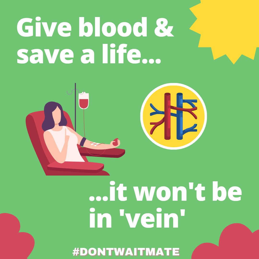 Know_Pathology's tweet image. 1 in 2 Australian Red Cross Lifeblood donations are being cancelled right now and they need your
help. Donating blood takes 1 hour maximum and can be done once every 12 weeks. Book your life- saving blood donation today, it won’t be in “vein”!
#DontWaitMate