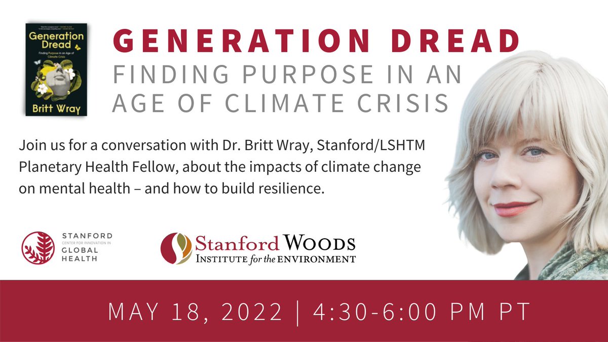 StanfordCIGH's tweet photo. The #climatecrisis impacts #mentalhealth – as illuminated in @StanfordCIGH @LSHTM_Planet fellow @brittwray's new book. Join us and @StanfordWoods  for a conversation with Dr. Wray on @Stanford's campus, Wed, May 18, 4-6:30pm PT. Register: 
https://t.co/AvreQFAJil https://t.co/AT3eEJkqRS
