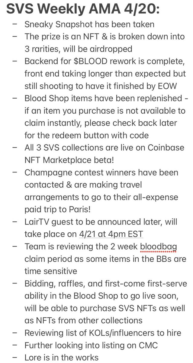 Weekly #SVSNFT AMA 4/20 Notes🩸: