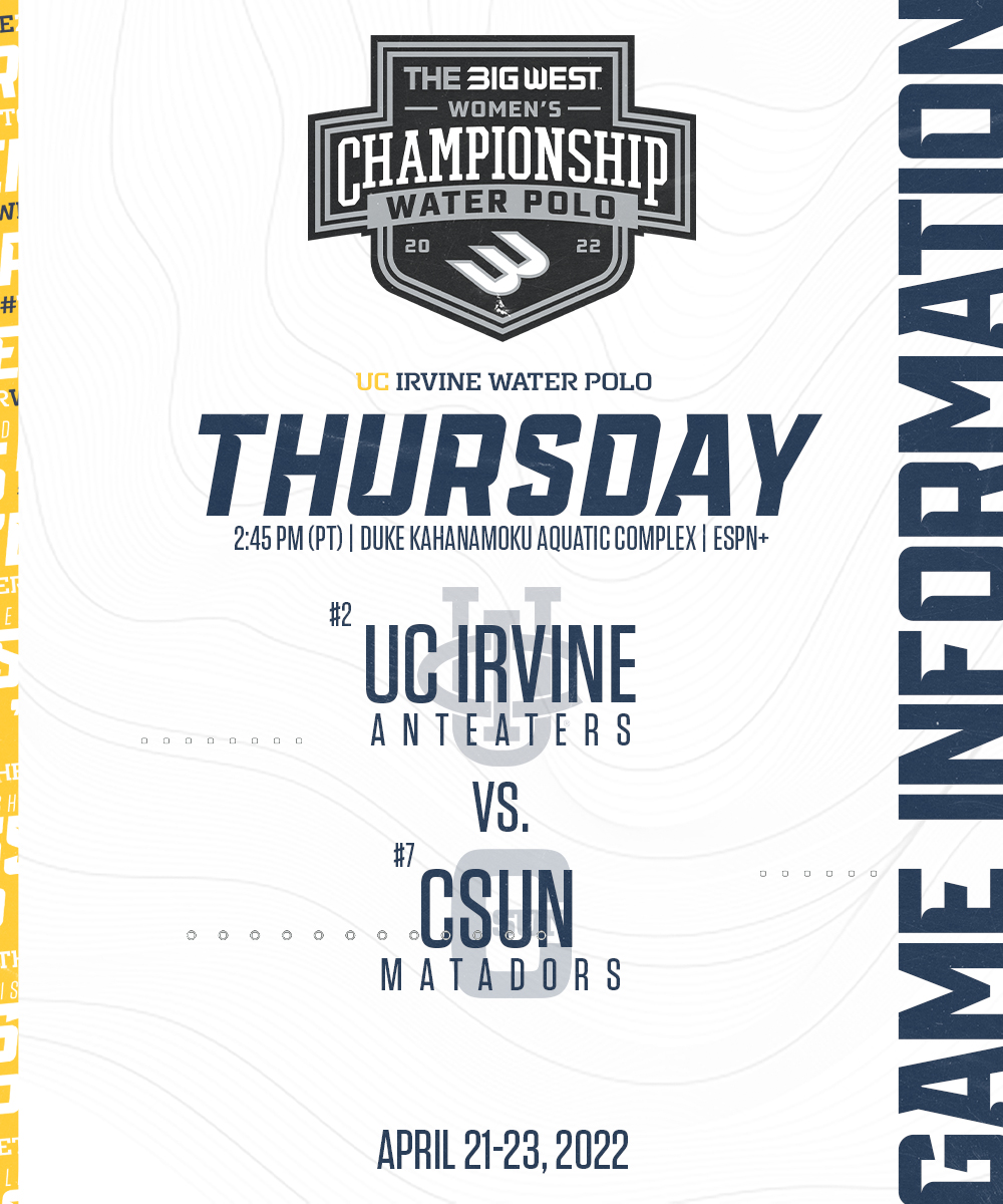 UCIwwp's tweet photo. The quest back to the NCAA Women's Water Polo Championships begins Thursday! Here's the information regarding tomorrow's opening-round matchup against CSUN!

🆚 | No. 7 CSUN
⏰ | 2:45 PM (PT)
📍 | Duke Kahanamoku Aquatic Complex
📺 | ESPN+

#TogetherWeZot https://t.co/Uufj7ZqelD