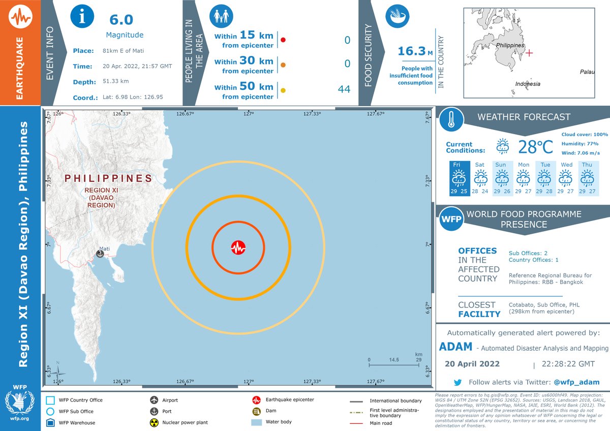 WFP_ADAM's tweet photo. #Earthquake in 81km E of Mati. Lat: 7.0 Lon: 126.9. #Magnitude: 6.0. Depth: 51.33. 20/04 at 21:57 UTM. https://t.co/0rNk1h0Utg https://t.co/MG7Qqtnovo