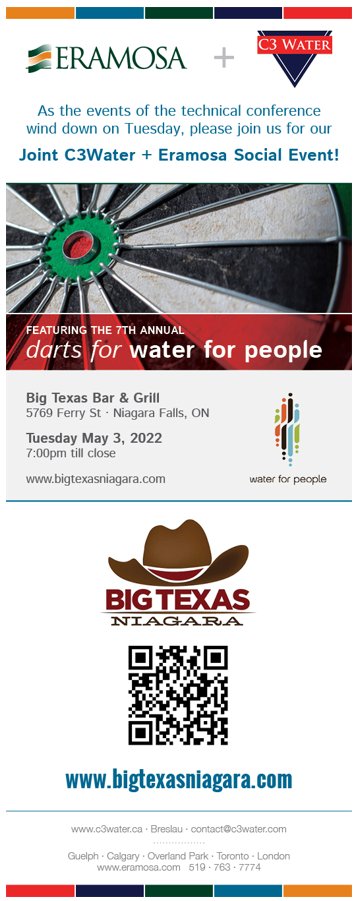 Come to the Water For People darts tournament at the Big Texas Bar &amp; Grill on Tuesday May 3, co-hosted by @eramosaengineer and C3 Water Inc. Socializing! Darts! Support a great cause! See you in Niagara Falls :) 

 #WATER22 #Waterforpeople #OWWA #water #waterindustry #fundraiser