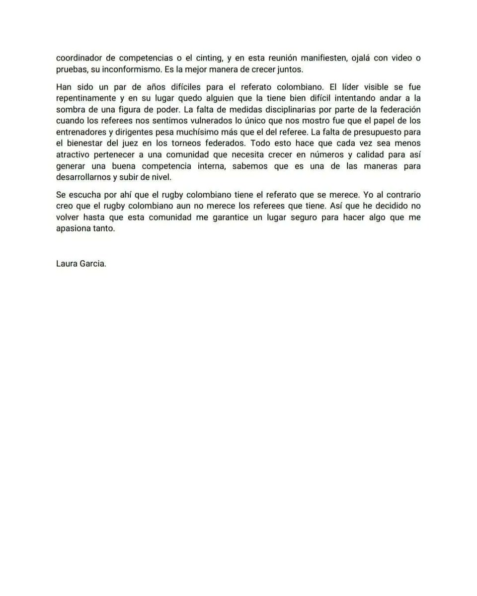Texto compartido por Laura Garcia, integrante del grupo de referato de la @fecorugby y <a href="/LARrugby/">LigaAntioqueñaRugby</a> 

#rugby #rugbycolombiano