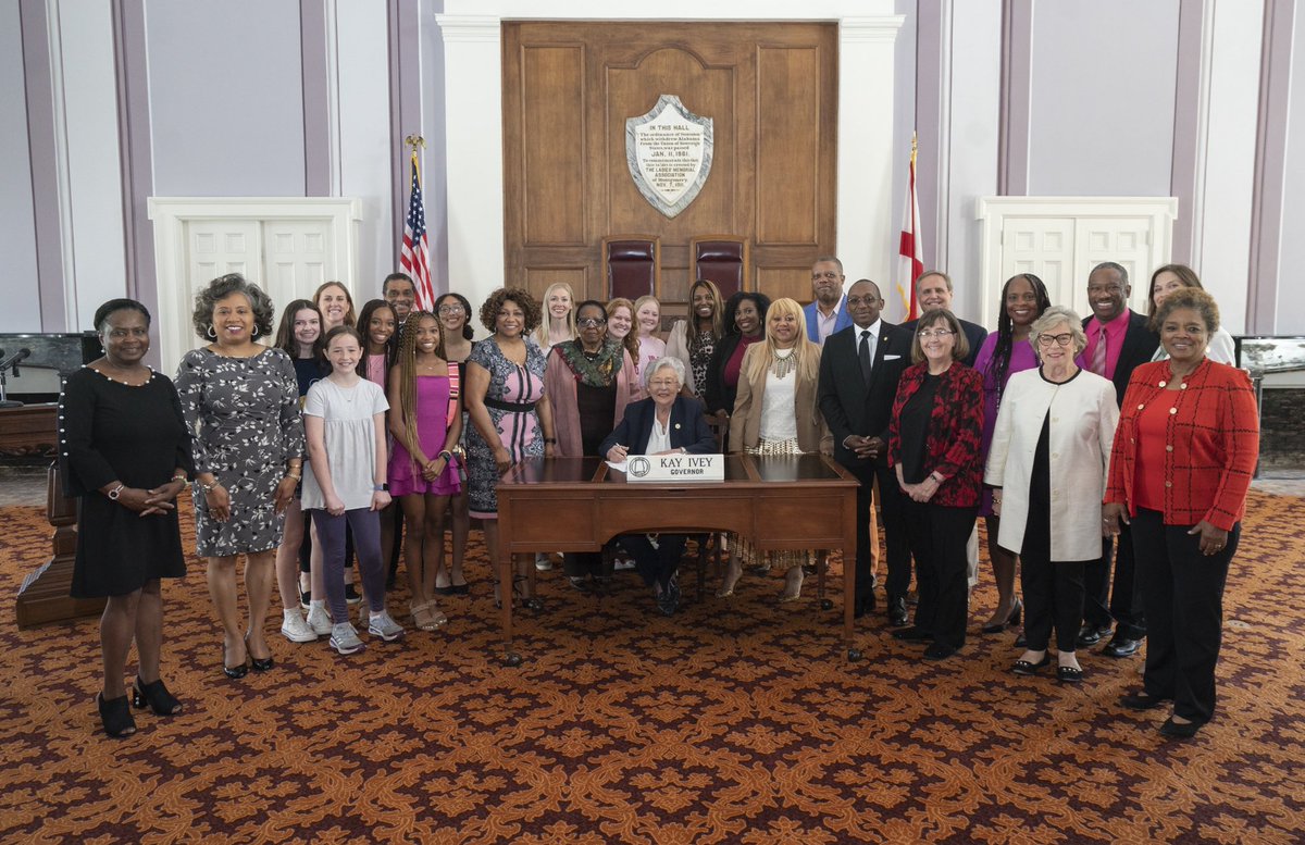 GovernorKayIvey's tweet photo. We had a great turnout for our ceremonial bill signing! Some of the bills included the Sgt. Nick Risner Act (HB 143), which supports our members of law enforcement, & HB 385, which makes it easier for our homeless youth to find employment. #alpolitics https://t.co/BB6NT8sJtU