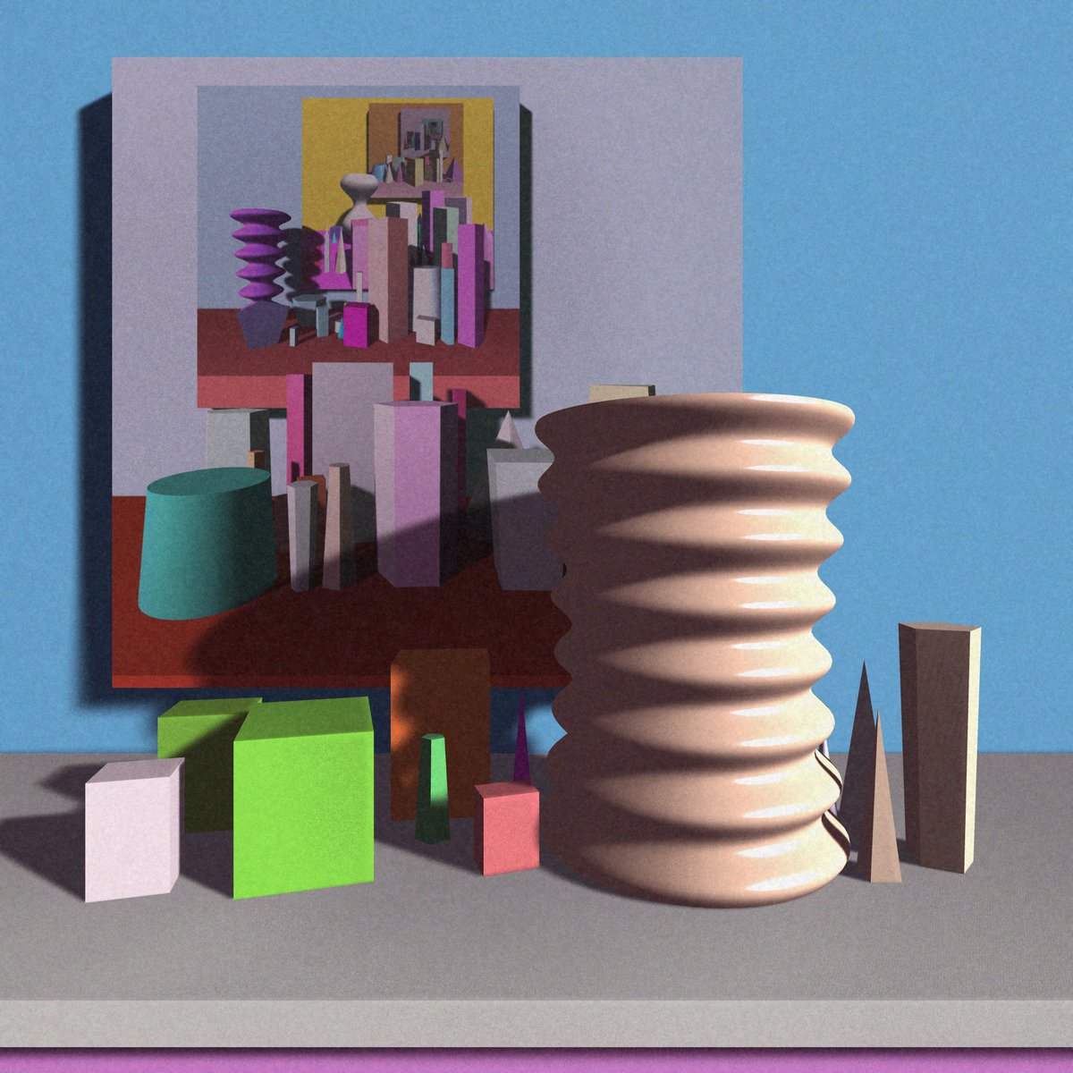 KilledByAPixel's tweet photo. I had a crazy dream about a recursive still life generator last night. So naturally I've been working feverishly all day to make it happen. 😄 #generativeart #genartclub #fxhash #threejs https://t.co/vd8hrLc9r9