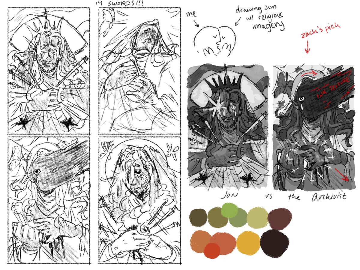 ok yall dont see my process that often so here are some thumbs, values, and color palettes i made today for class <3 