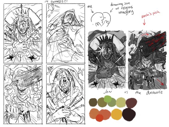 ok yall dont see my process that often so here are some thumbs, values, and color palettes i made today for class &lt;3 
