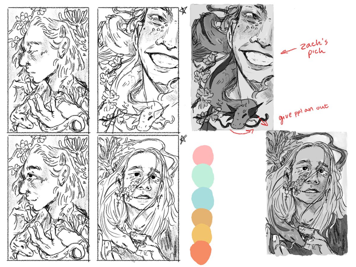 ok yall dont see my process that often so here are some thumbs, values, and color palettes i made today for class <3 
