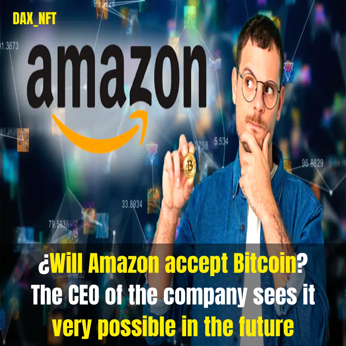 Dax_Metaverse's tweet photo. “Yes, I think it is possible in the future”, was the response of Amazon CEO Andy Jassy, when asked if the company he directs would enter the non-fungible tokens (NFT) market.
.
Follow ✅@Dax_Metaverse 
.
.
#daxnft #nftcollector #nftdrops #nftproject #nftgiveaways #nftsold https://t.co/uZXliTEmNt