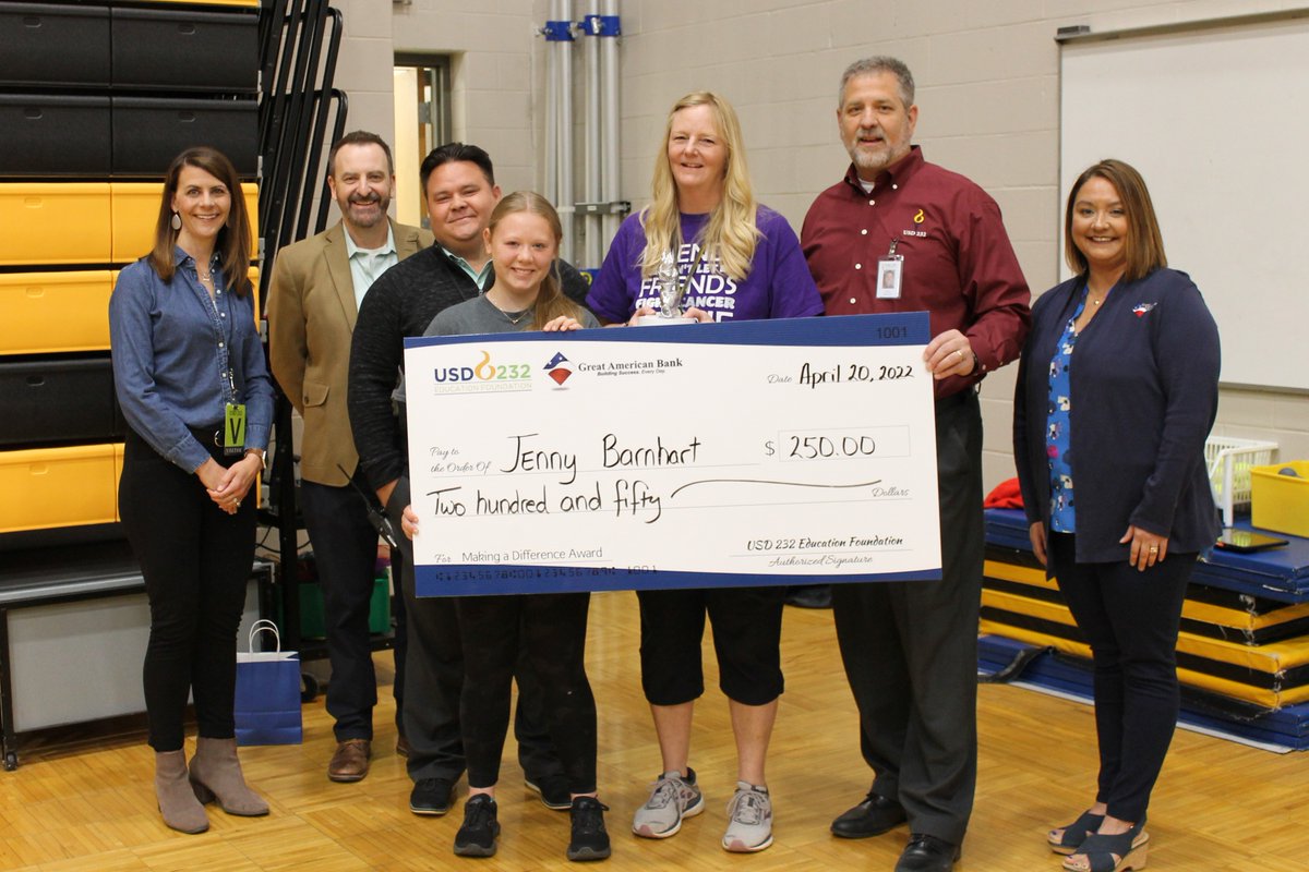 USD 232 Education Foundation (@usd232ef) on Twitter photo Congratulations to Jennifer Barnhart, a physical education teacher <a href="/TheCreekMCMS/">Mill Creek Middle</a> for being the USD 232 Making a Difference Award winner for the month of March! Read more about Jenny’s surprise award presentation > bit.ly/3JVqoVT
#USD232MakingADifference Congratulations to Jennifer Barnhart, a physical education teacher <a href="/TheCreekMCMS/">Mill Creek Middle</a> for being the USD 232 Making a Difference Award winner for the month of March! Read more about Jenny’s surprise award presentation > bit.ly/3JVqoVT
#USD232MakingADifference