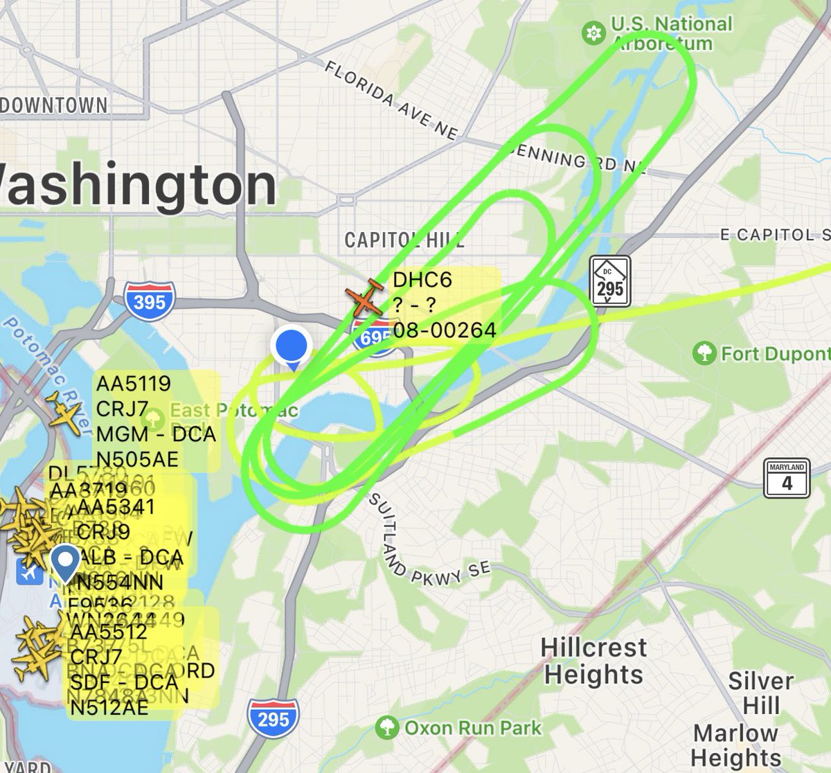 Per <a href="/flightradar24/">Flightradar24</a>, this U.S. Army parachute team aircraft was circling the area for a while. It’s apparently for tonight’s Nationals game. 

It appears that someone forgot to tell USCP, triggering tonight’s evacuation order………