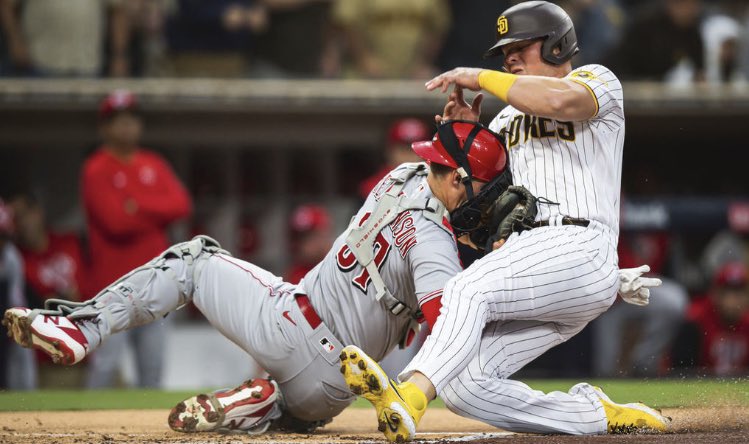 #CincinnatiReds catcher #TylerStephenson was forced to leave Tuesday April 19, 2022 game following a nasty home-plate collision with #SanDiegoPadres' #LukeVoit.
The #Reds announced postgame that #Stephenson sustained a concussion. He'll be placed on the seven-day concussion IL.