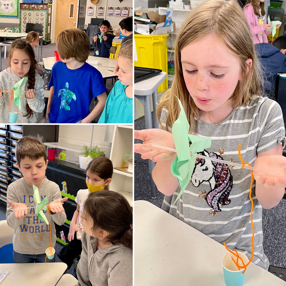 3rd Gr Ss ⁦<a href="/BodkinAACPS/">Bodkin Elementary</a>⁩ worked in teams to demonstrate how moving air can power a simple machine to do work. Kicking off a unit on clean energy that has Ss thinking about how to harness the wind.