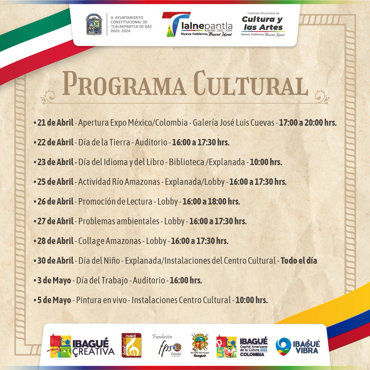 Te invitamos a la apertura de la Exposición México-Colombia Exuberantes, que se realizará en la Galería José Luis Cuevas el día de mañana, a partir de las 17:00 horas.

#NuevoGobiernoNuevasIdeas
#TlalnepantlaDeBaz2022_2024
#100DíasDeNuevasIdeas