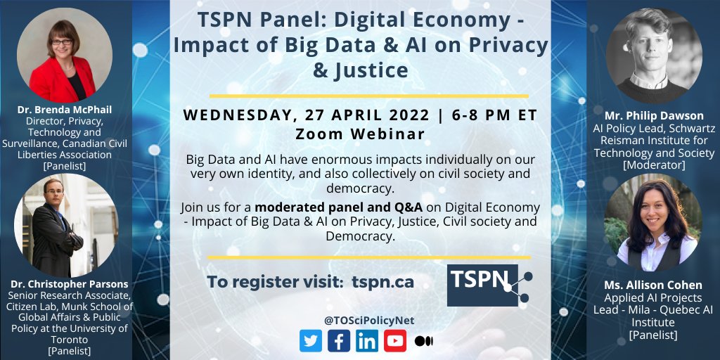 TOSciPolicyNet's tweet photo. We are hosting our #TSPNTalks panel on big data/AI on privacy & justice in just 1 week! ๐ฅ๏ธ Learn about how these technologies impact our identities, society, and democracy.
Registration is open at https://t.co/0CDsppW344. All are welcome!
#scipol #cdnpoli #UofT #OpenScience #AI https://t.co/PrbDtAPicQ