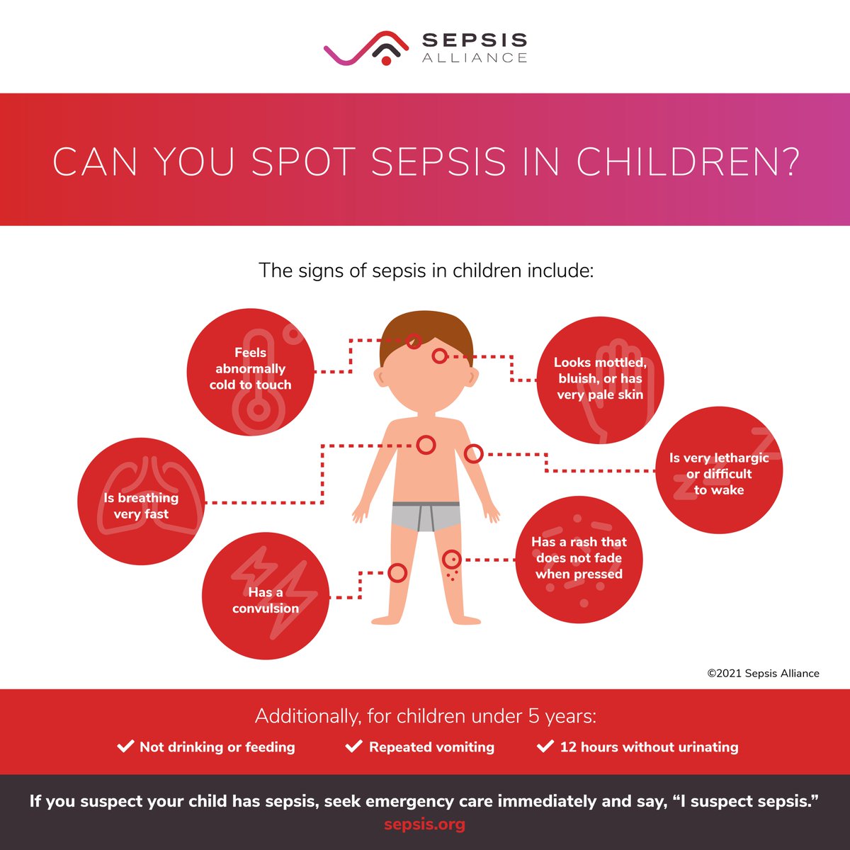 Early recognition and treatment of #sepsis can increase a child’s chances of survival and improve their recovery. Do you know how to spot the signs? 

Learn more at PediatricSepsisWeek.org.

#PediatricSepsisWeek