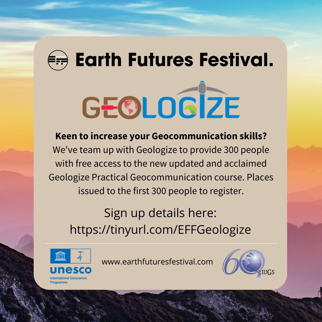 EarthFutureFest's tweet photo. We're excited to team up with @_Geologize to provide 300 people with free access to the new updated and acclaimed #Geologize Practical Geocommunication course. Sign up here, places issued to first 300 registrants: https://t.co/Xx0MXlBHCC #geoscience #SciComm https://t.co/tYAOlspAMK